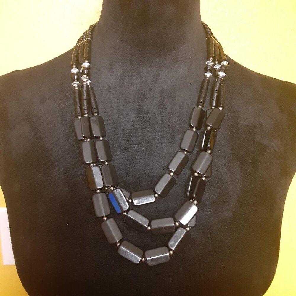 Vintage Three Strand Black Beaded Necklace